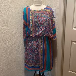 Signature by Robbie Bee Colorful Boho Paisley Short Sleeve Midi Dress EUC Sz 12